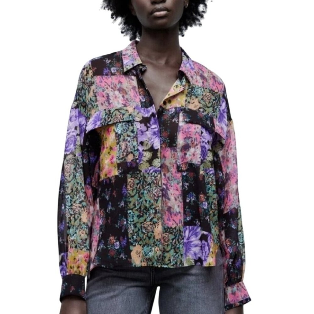 Zara Floral Print The Amelie Shirt‎ Small Patchwork Sheer Flowy Cottage Boho - Picture 11 of 11